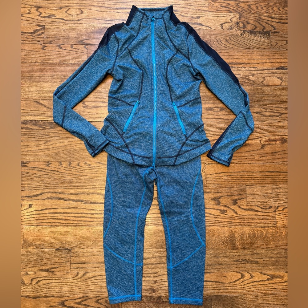 Zella Blue Melange Athletic Tracksuit with Cropped Leggings & Mesh-Panel Top, M